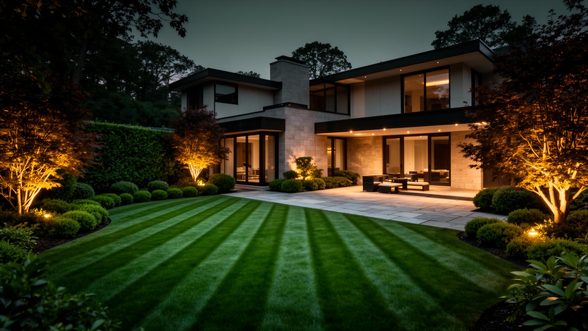 Luxury residential backyard with manicured lawn at dusk